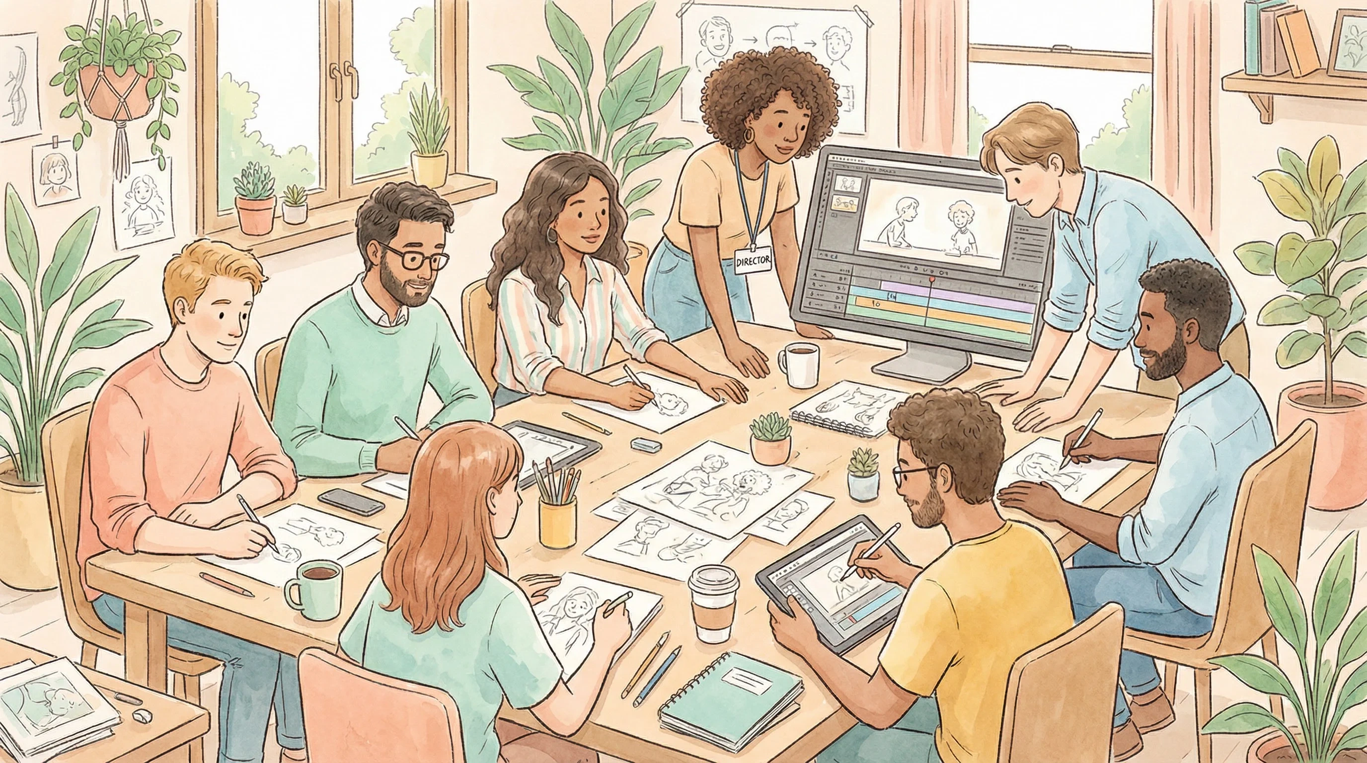 九一视频创作团队工作场景插画 - 多元化动画创作团队协作